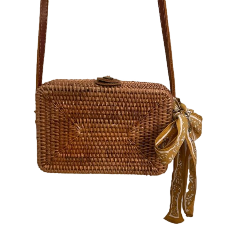 American Vintage Woven Brown Crossbody with Mustard Scarf Accent